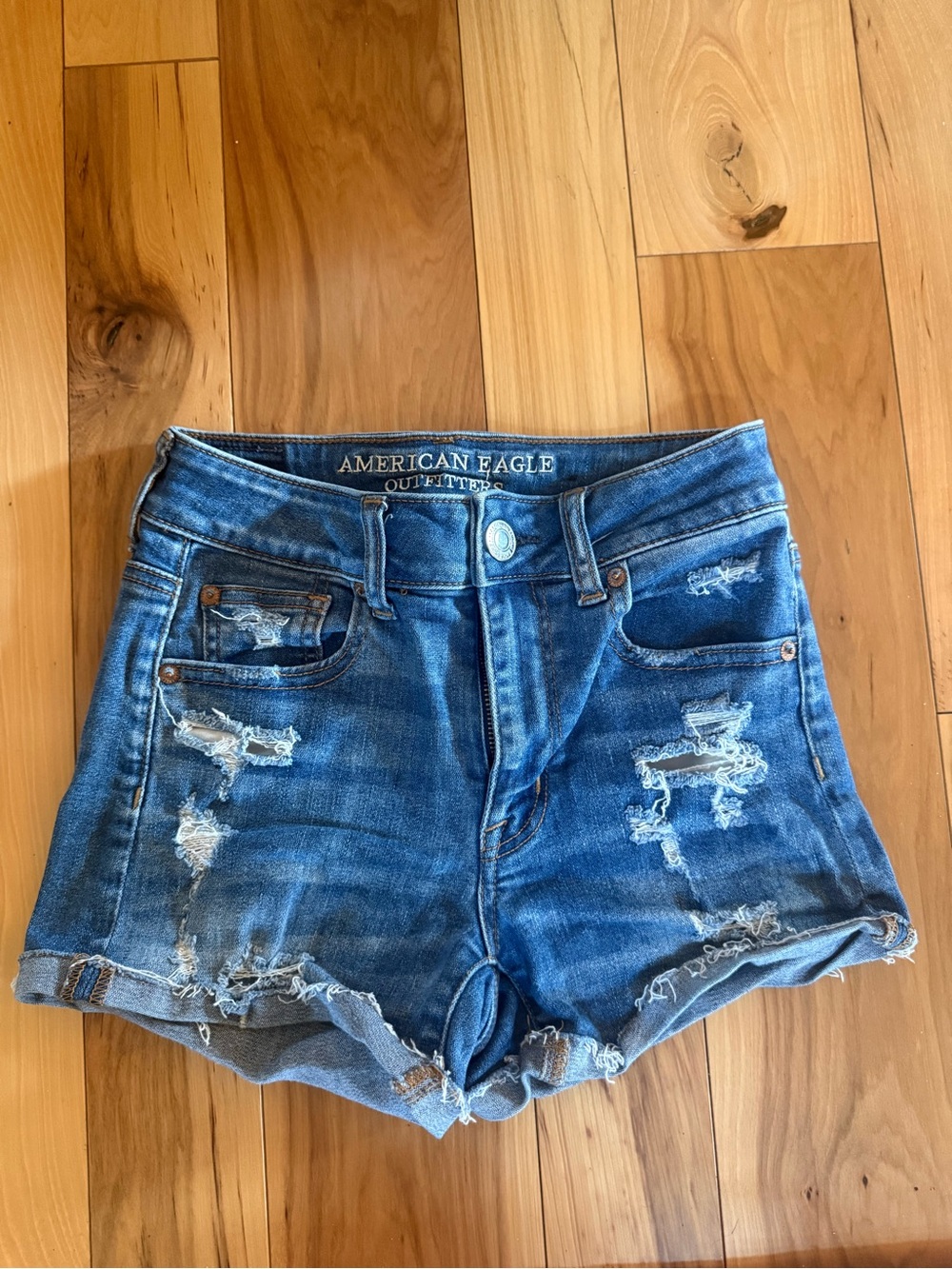 American Eagle Outfitters Ripped High-Rise Denim Shorts - Blue